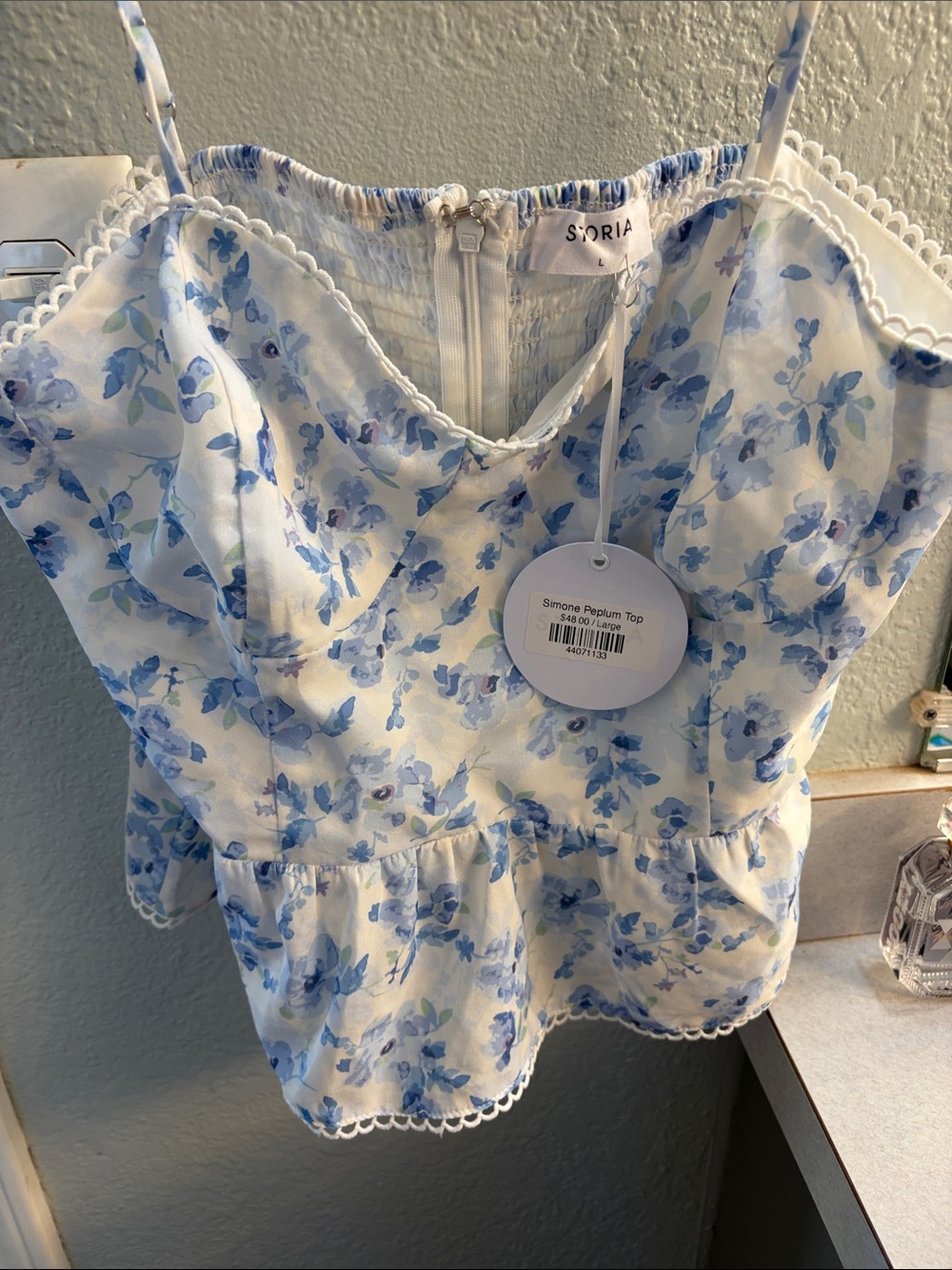 Sorial White and Light Blue Floral Peplum Camisole